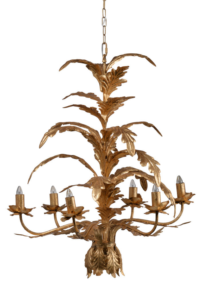 Benzara BM285222 26" 6 Light Chandelier Cascading Leaves Vintage, Gold