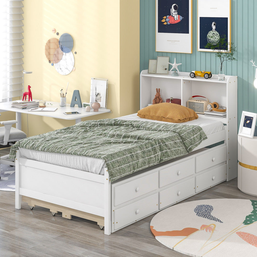 Full/Twin Wood Frame Platform Bed with Trundle and Drawers, White, Twin