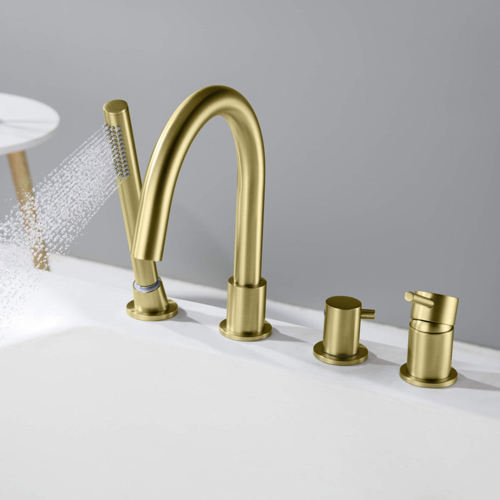 Circular Deck Mounted Bathtub Faucet With Hand Shower, Brushed Gold