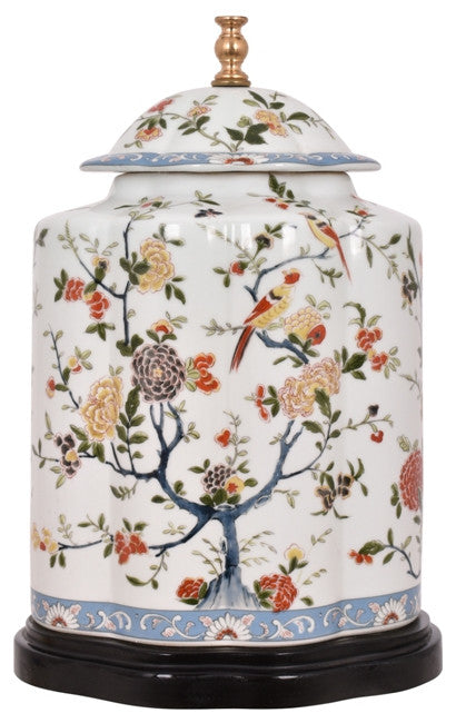 Chinese Porcelain Scallop Ginger Jar Table Lamp, Bird Floral Motif, 27"