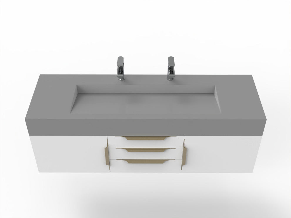 CastelloUSA Nile 60" Wall Mounted Vanity Set, White, Gray Top, Gold Handles