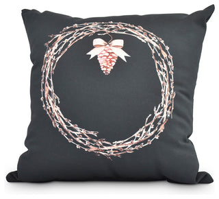 Natural Wreath 16" Black Holiday Print Decorative Throw Pillow