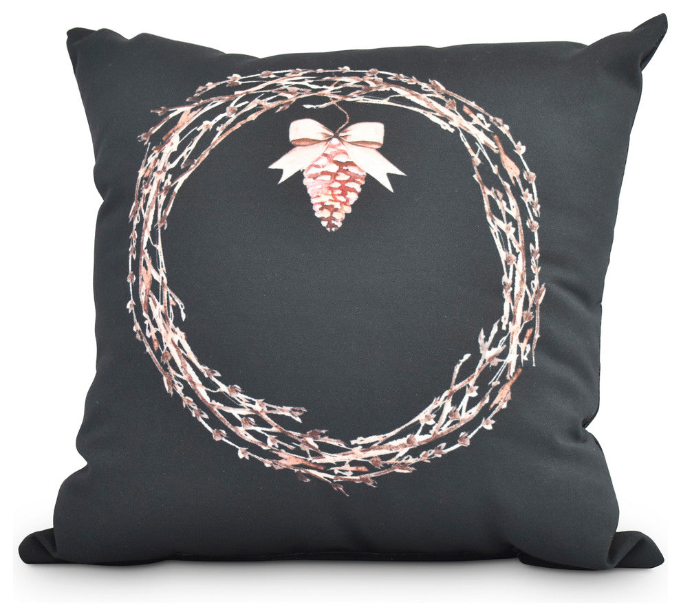 Natural Wreath 16" Black Holiday Print Decorative Throw Pillow