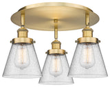 Cone-3 Light 18" Flush Mount-Brushed Brass, Seedy Glass Shade