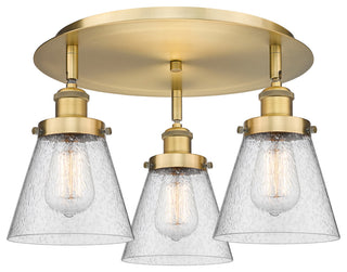 Cone-3 Light 18" Flush Mount-Brushed Brass, Seedy Glass Shade