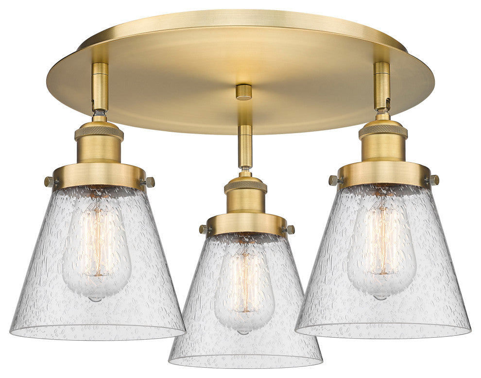 Cone-3 Light 18" Flush Mount-Brushed Brass, Seedy Glass Shade