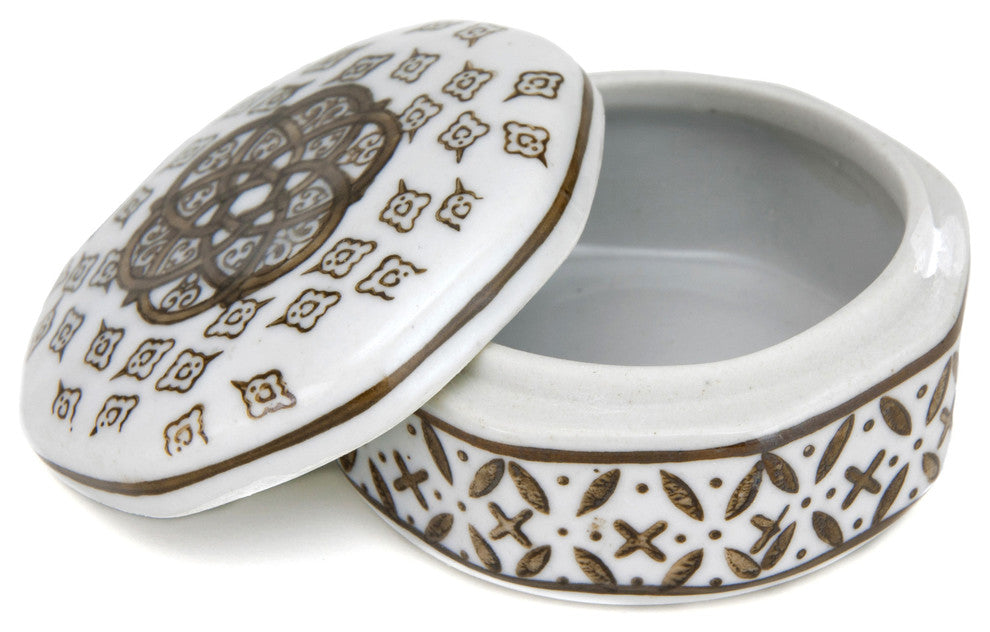 3" Brown and White Medallions Porcelain Small Jewelry Box