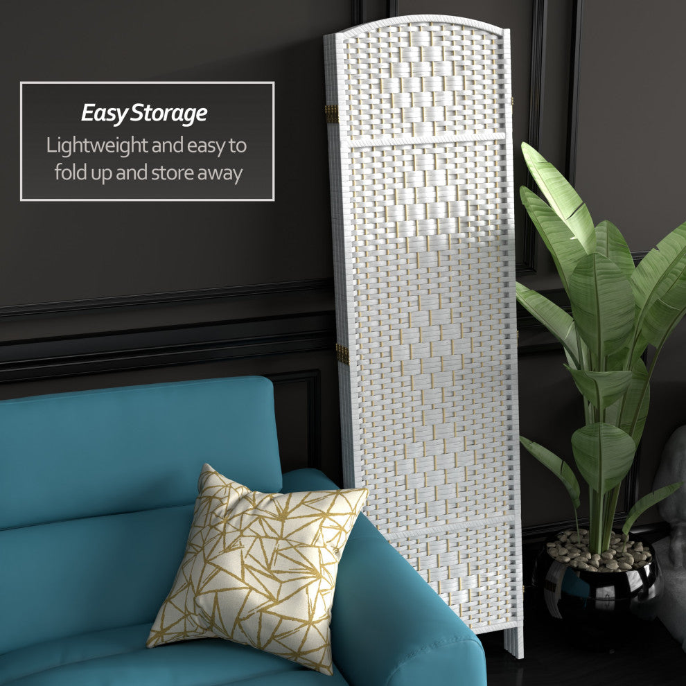 6' Tall Diamond Weave Fiber Room Divider, White, 4 Panel