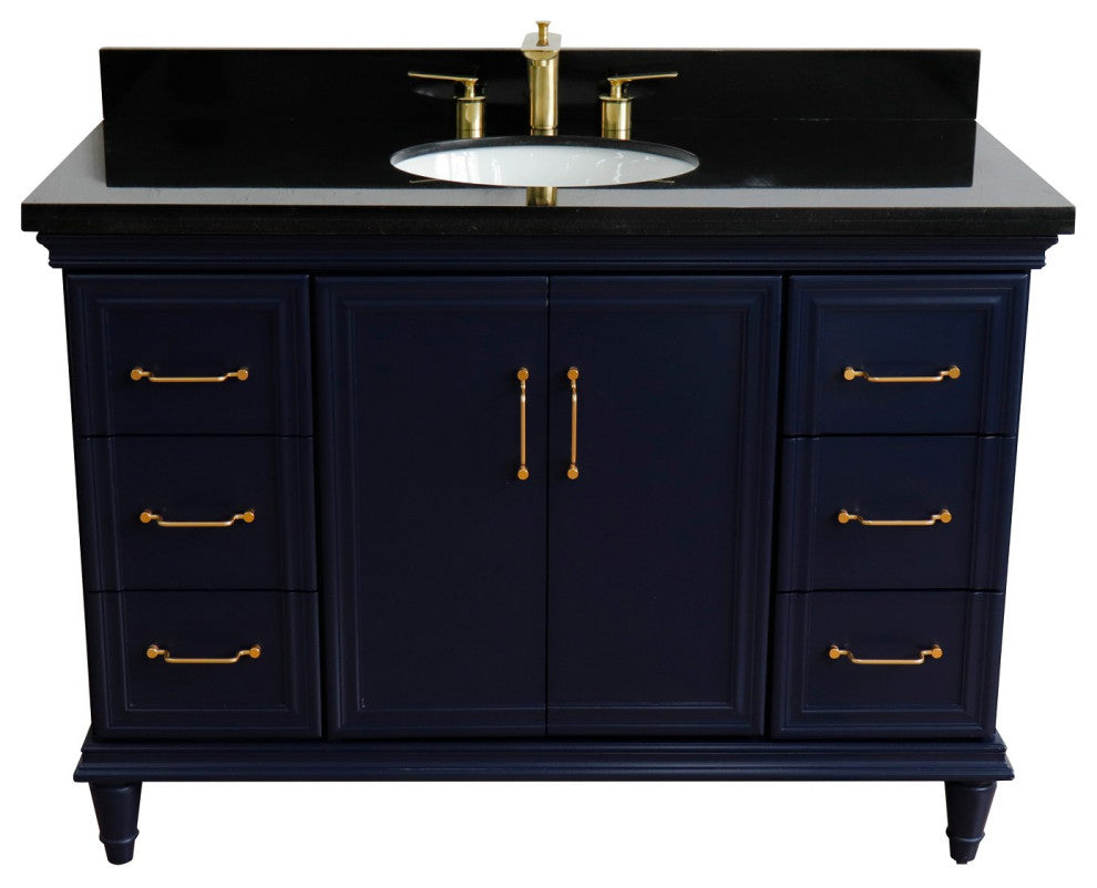 49" Single Sink Vanity, Blue Finish With Black Galaxy Granite And Oval Sink