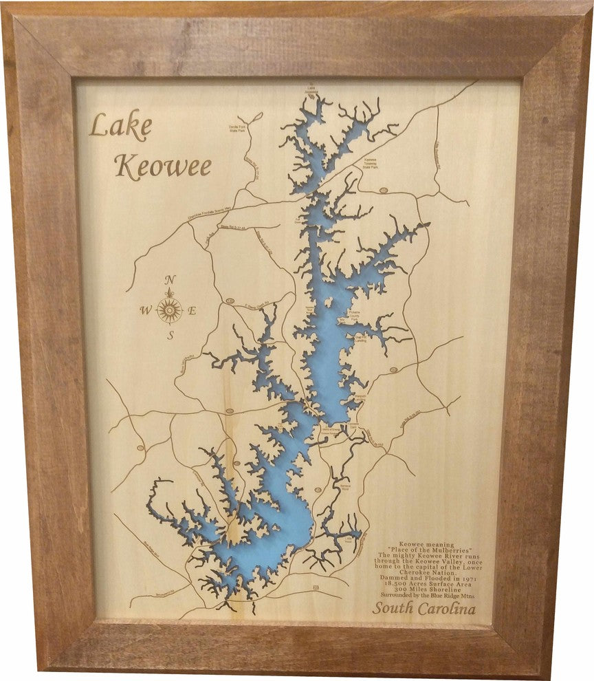 Lake Keowee, South Carolina-Wood Lake Map, Small Framed