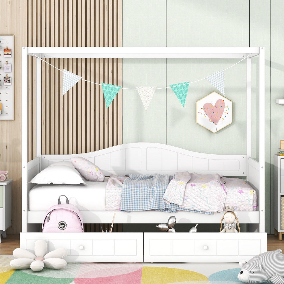 Gewnee Twin Size Canopy Day Bed with 2 Drawers, White
