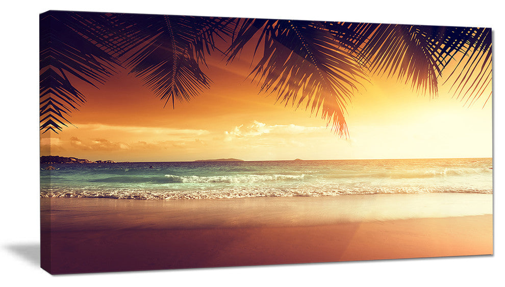 "Palm Leaves On Caribbean Seashore" Modern Seashore Wall Art, 1 Panel, 60"x28"