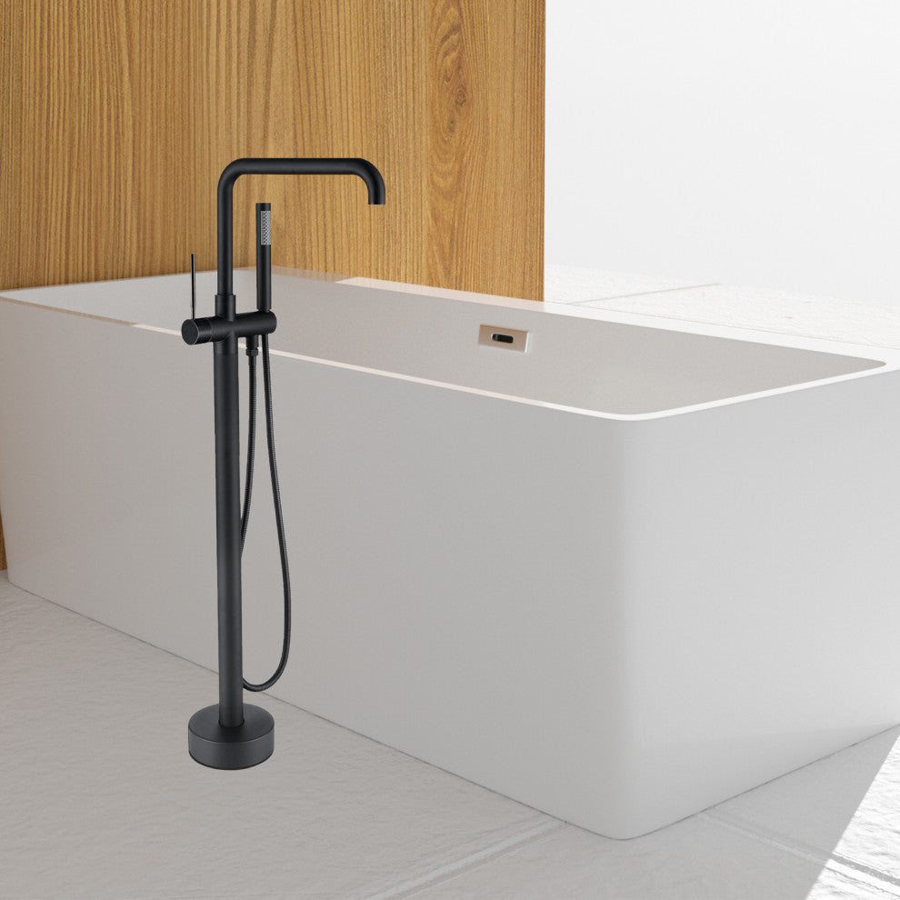 Floor Mounted Single Handle Bathtub Faucet, Handheld Shower, Matt Black