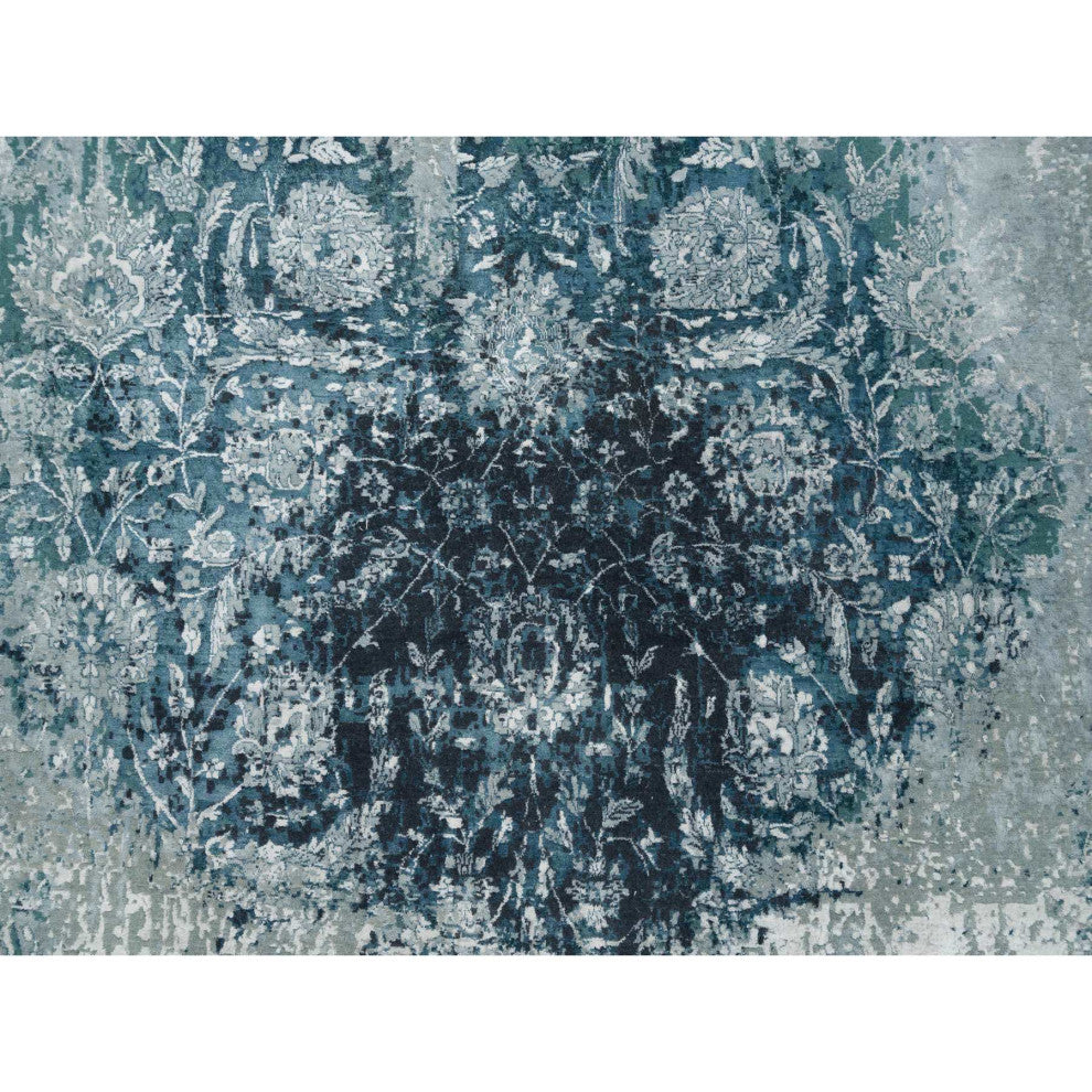 Blue-Teal Farsian Tebraz Wool and Silk Hand Knotted Runner Rug, 9'10"x9'10"