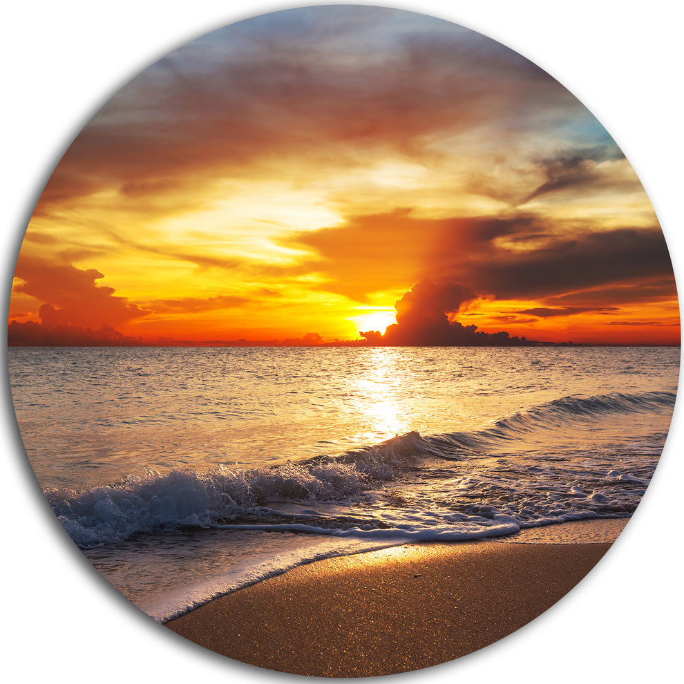 Yellow Sunset Over Gloomy Beach, Modern Beach Round Wall Art, 11"
