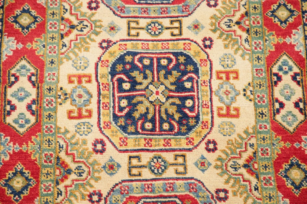 Traditional Hand-Knotted Pakistani Kazak Oriental Area Rug, Beige, 4'4"X2'7"