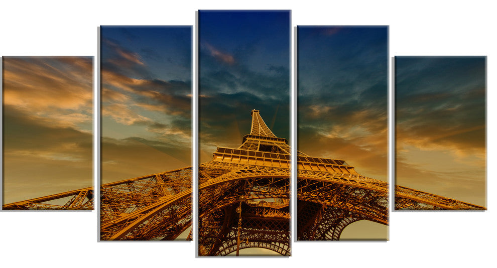 "Dramatic Sky Above Paris Eiffel Tower in Paris" Cityscape Art, 60"x32", 5Panel
