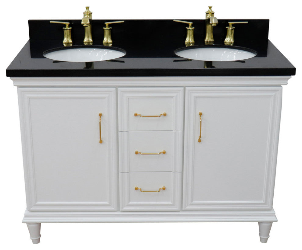 49" Double Vanity, White Finish With Black Galaxy And Oval Sink