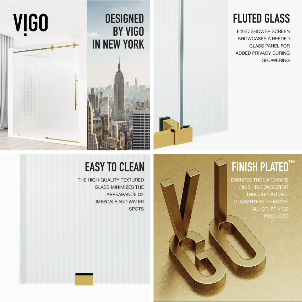 VIGO Elan E-Class 56" to 60" W x 76" H Frameless Sliding Shower Door, Matte Brushed Gold, Fluted Glass, Right