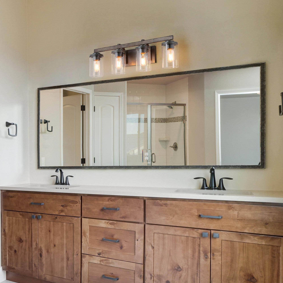 LNC Black Modern Farmhouse Glass-Cylinder Bathroom Vanity Light, 4 Lights, Wood