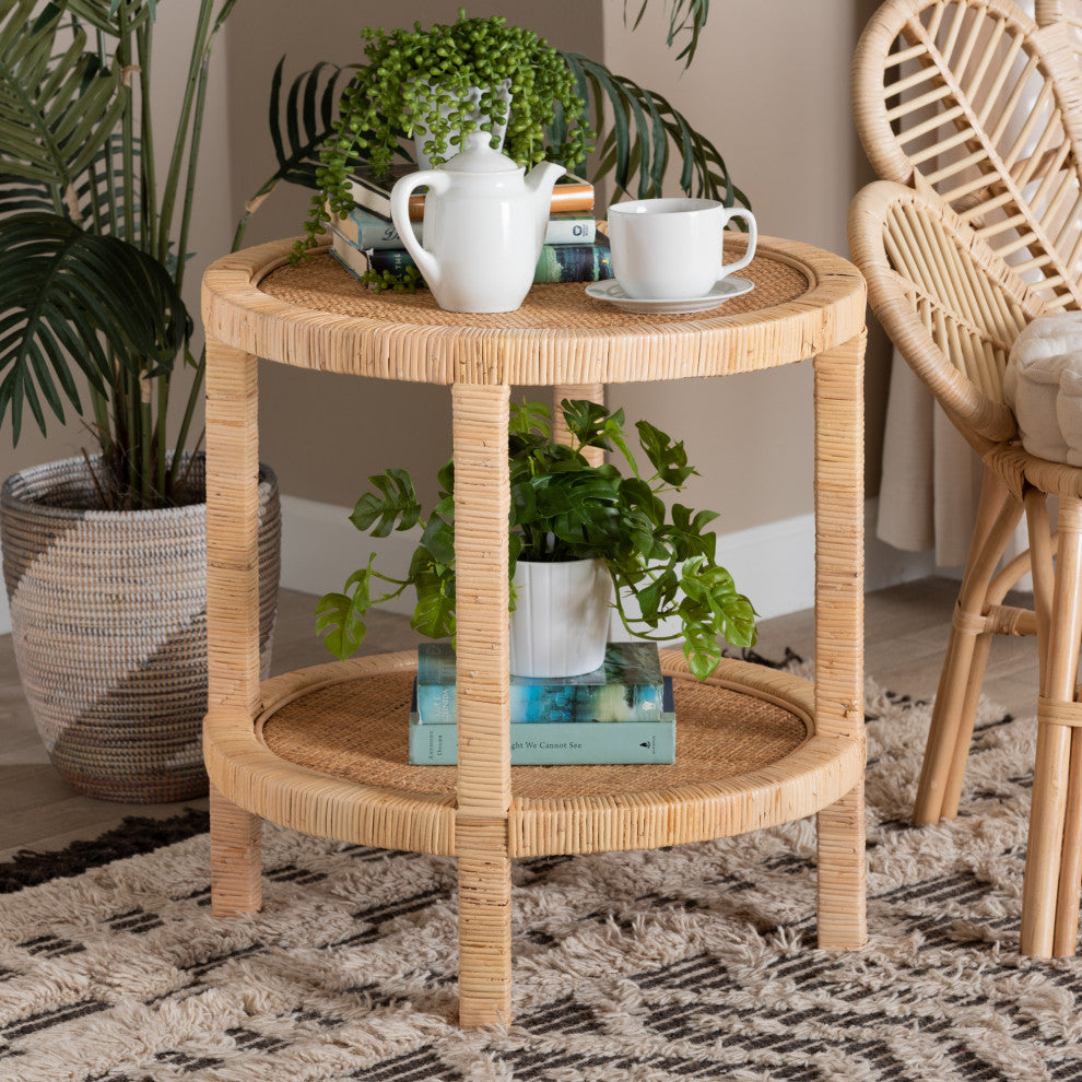 Bella Bohemian Natural Brown Mahogany Wood and Natural Rattan 2-Tier End Table