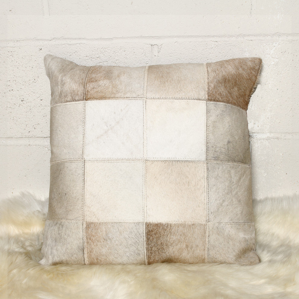 Torino Patchwork Cowhide Pillow, Natural, 18"x18"