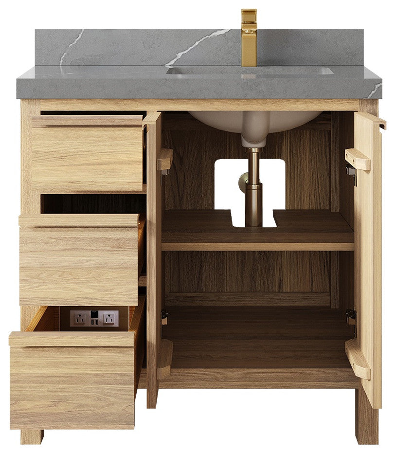 Elizabeth Oak 36" Right Offset Sink Vanity, White 2" Piatra Gray