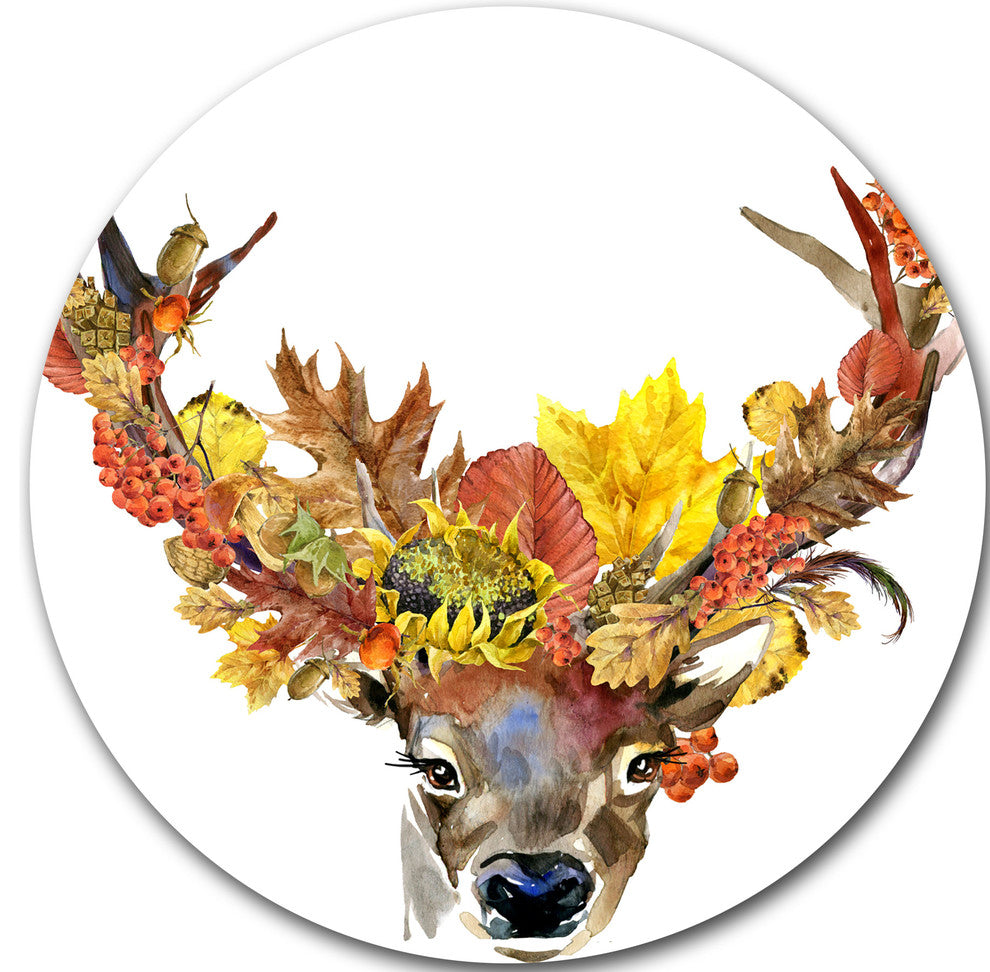 Roe Deer With Flowers, Digital Art Floral Round Wall Art, 11"