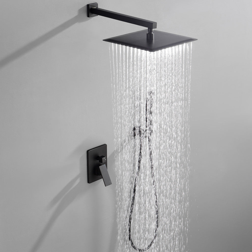 Wellfor Shower Faucet with Rain Shower Head, Handheld Shower and Valve, Black, 10" Shower Head