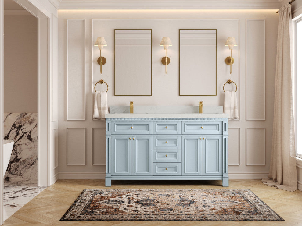 Paris 60" Double Sink Bathroom Vanity, Blue Heather 2" Carrara Quartz