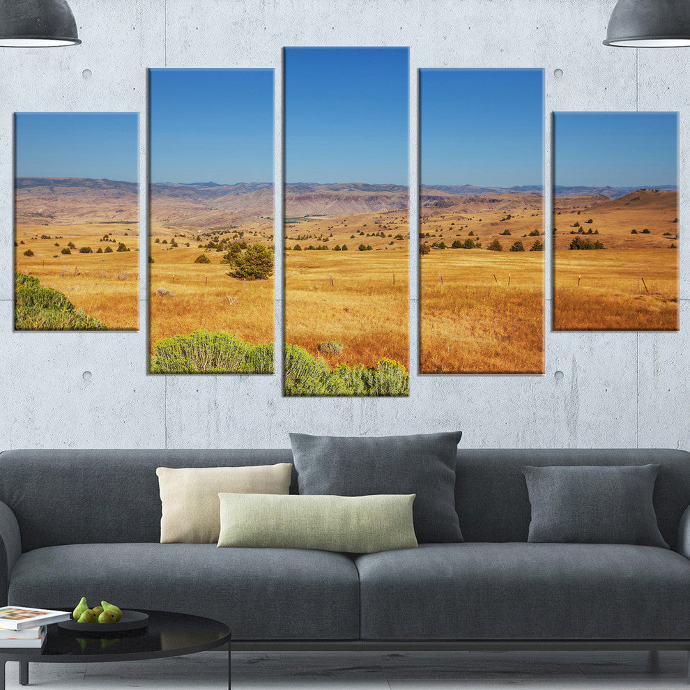 Prairie with Bright Blue Sky, Landscape Canvas Art Print, 60"x32", 5 Panels