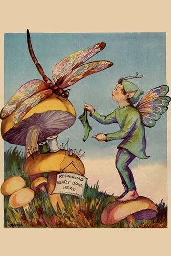 Sprite Needs His Socks Darned by a Dragonfly Who Is Sitting on a Mushroom