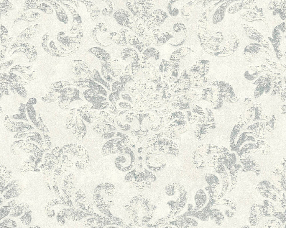 Damask Textured Wallpaper, Ornaments, 374134, White Gray Silver, 1 Roll