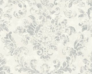 Damask Textured Wallpaper, Ornaments, 374134, White Gray Silver, 1 Roll