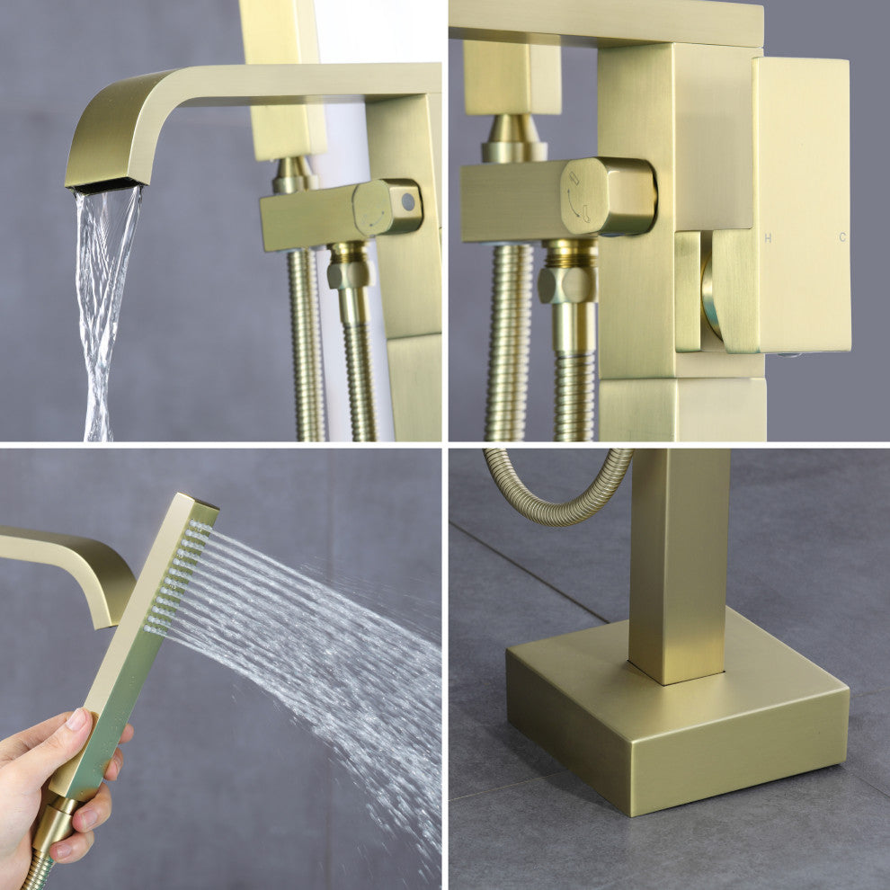 Wellfor Waterfall Bathroom Tub Faucet With Hand Held Shower, Brushed Gold