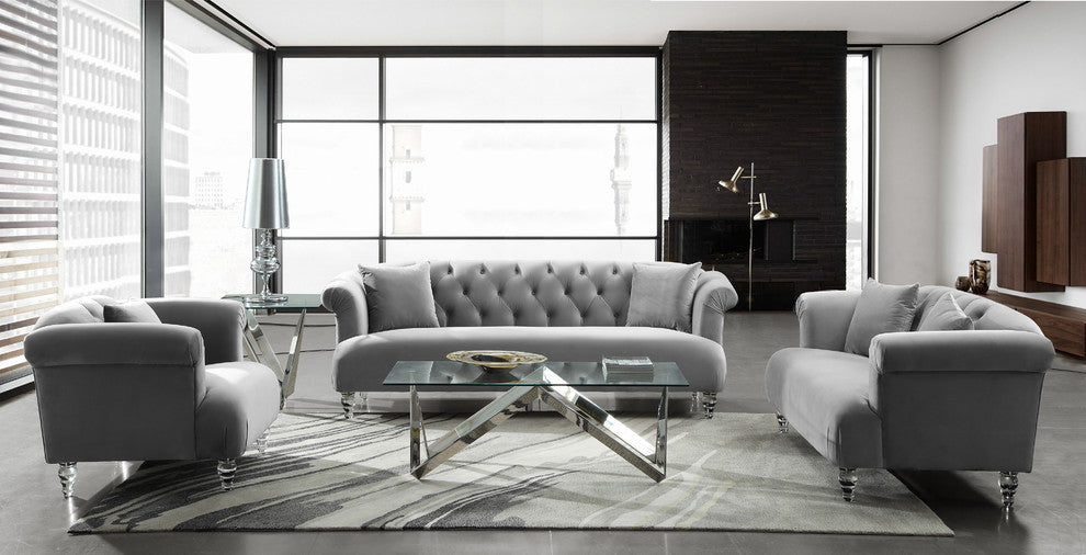 Elegance Contemporary Sofa Chair, Gray Velvet With Acrylic Legs