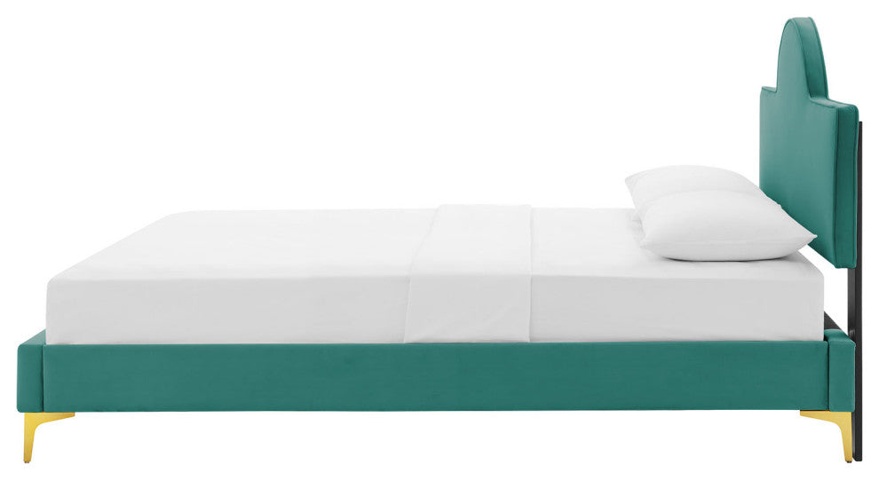 Platform Bed Frame, King Size, Teal Blue, Velvet, Modern, Bedroom Guest Suite