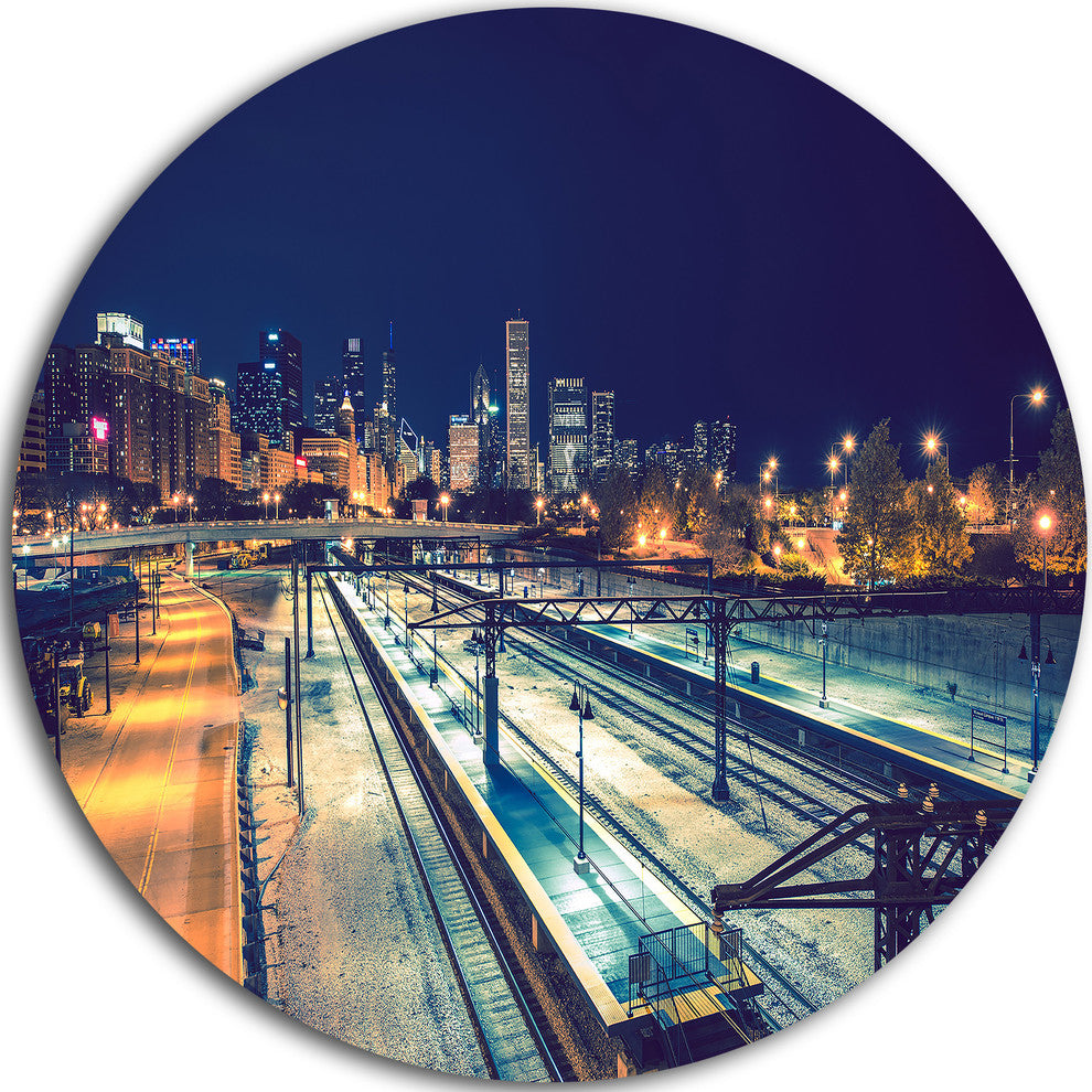 Welcome In Chicago Highway Traffic, Cityscape Round Metal Wall Art, 23"