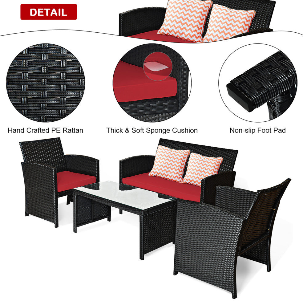 4PCS Patio Rattan Furniture Conversation Set Cushion Sofa Table Garden Red
