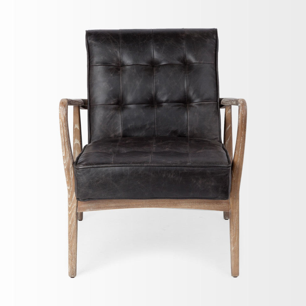 HomeRoots Black Leather Accent Chair With Wrapped Ash Wood Frame