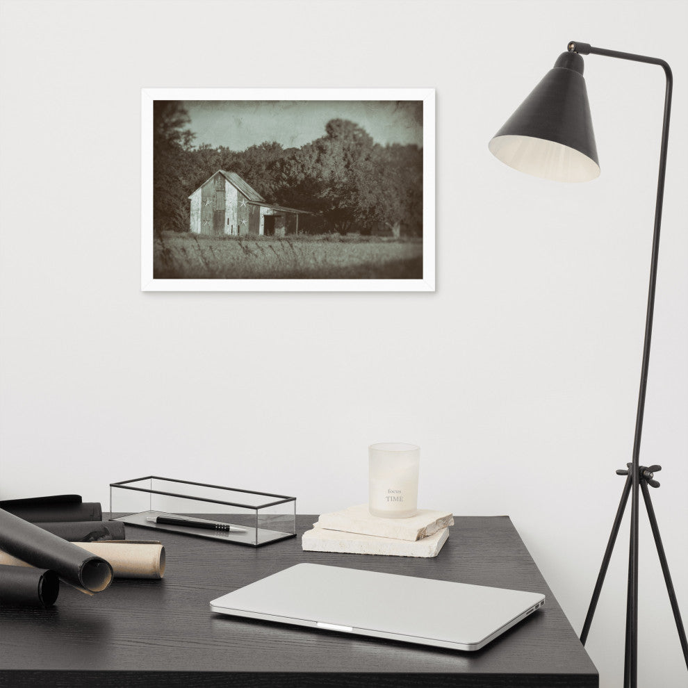 Patriotic Barn in Field Vintage Black and White Framed Photo Wall Art Print, White, 12" X 18"