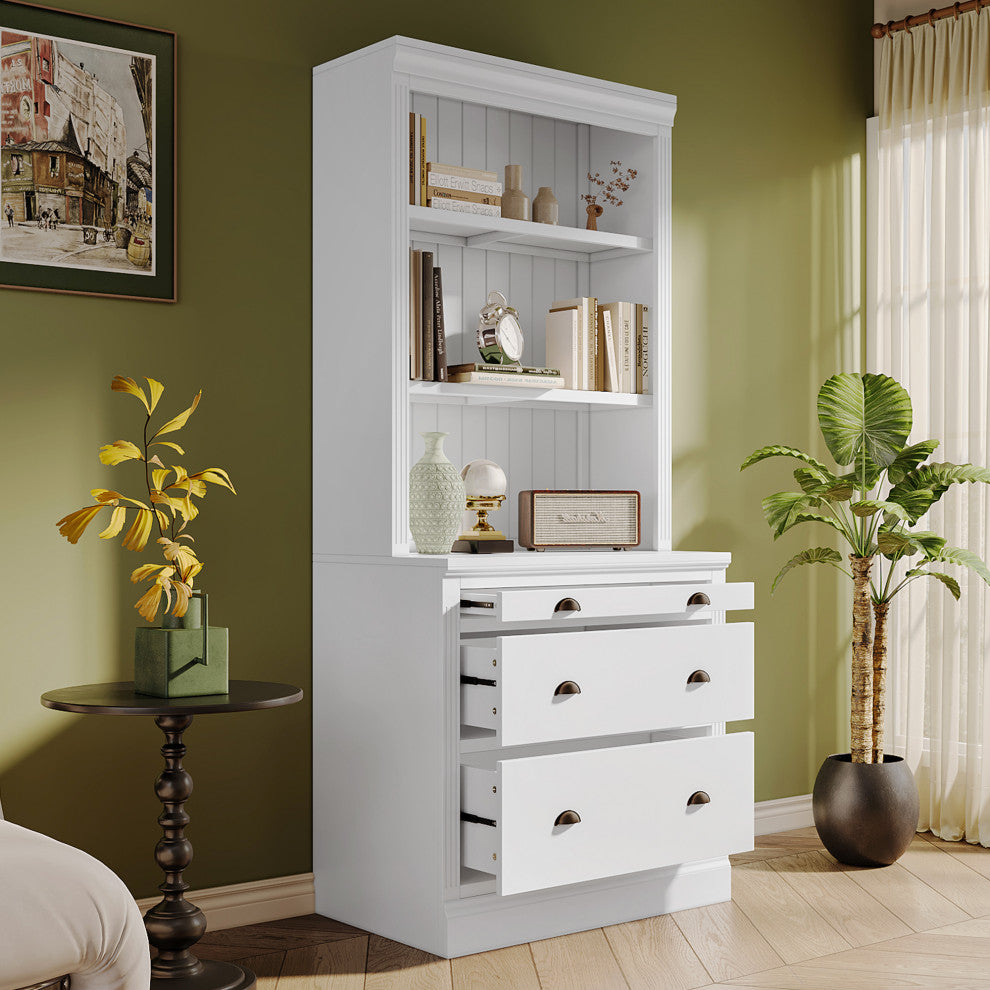 Modern Tall Bookshelf, LED Lighting for Living Room, White