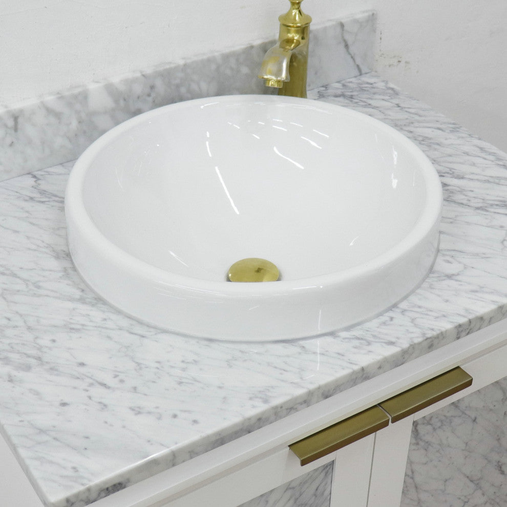 31" Single Sink Vanity, White Finish With White Carrara Marble With Round Sink