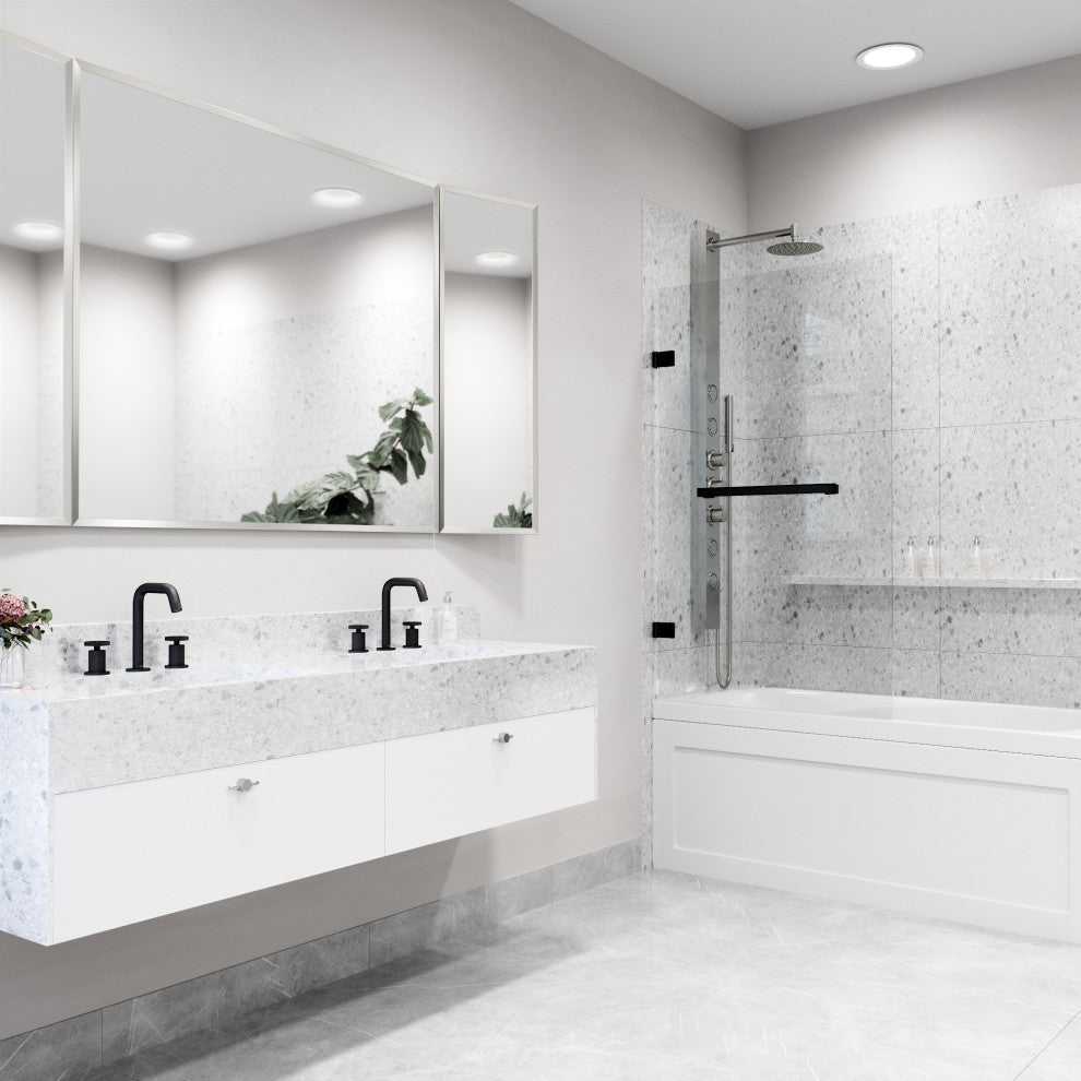 VIGO Rialto 34" W x 58" H Frameless Hinged Tub Door, Matte Black, Clear Glass