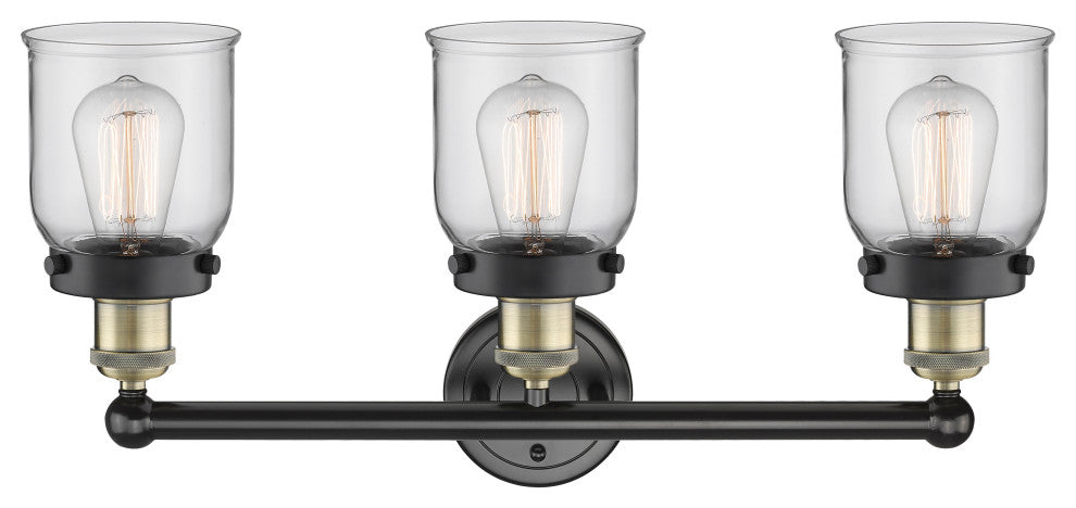 Edison Small Bell 3-Light 25" Vanity Light, Black Antique Brass With Clear Shade
