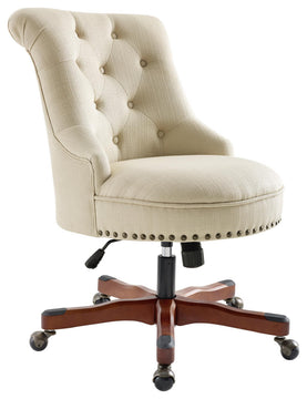 Linon Sinclair Beige Upholstered Adjustable Office Chair in Cherry Wood Base