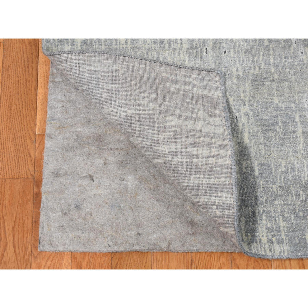 Medium Gray, Vertical Ombre Design, Pure Silk, Hand Knotted, Rug, 9'x11'10"
