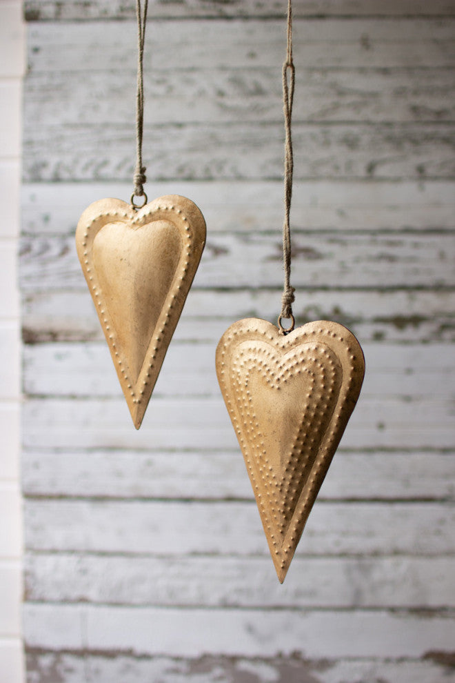 Antiqued Brass Hanging Hearts Pressed Metal Romantic Love, 4-Piece Set