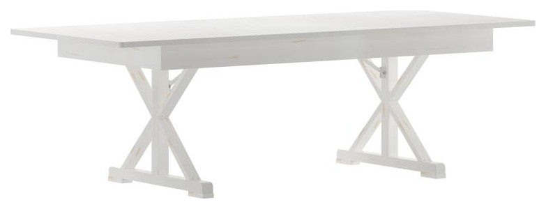 HERCULES 8' x 40" Rectangular Solid Pine Farm Table with X Legs, Antique Rustic White