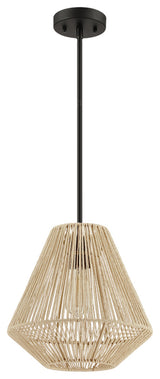12" W 1-Light Rattan Single Pendant Light With Black Canopy